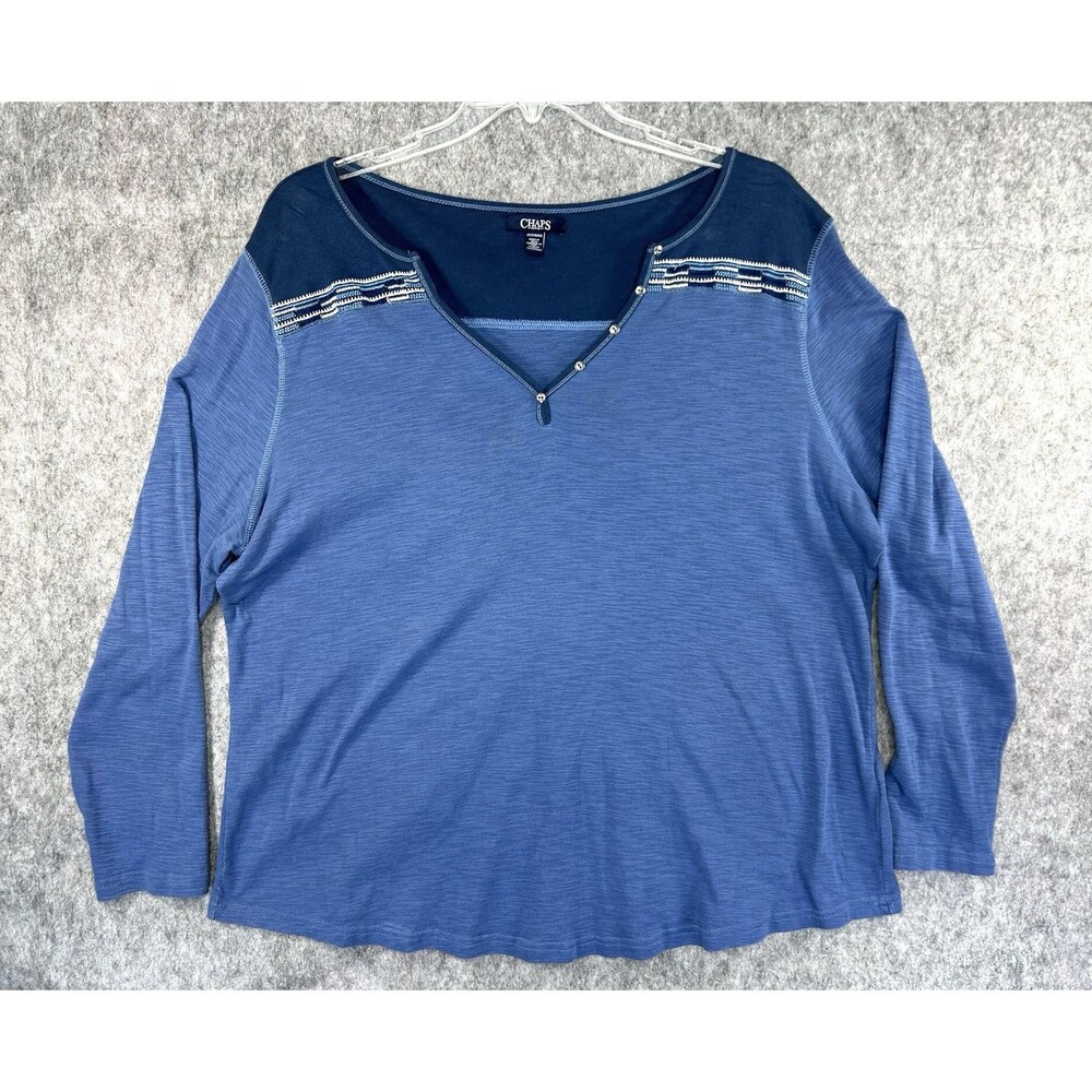 Chaps Women's 2XL V-Neck Top Long Sleeve Shirt 100% Cotton Blue Embroidered